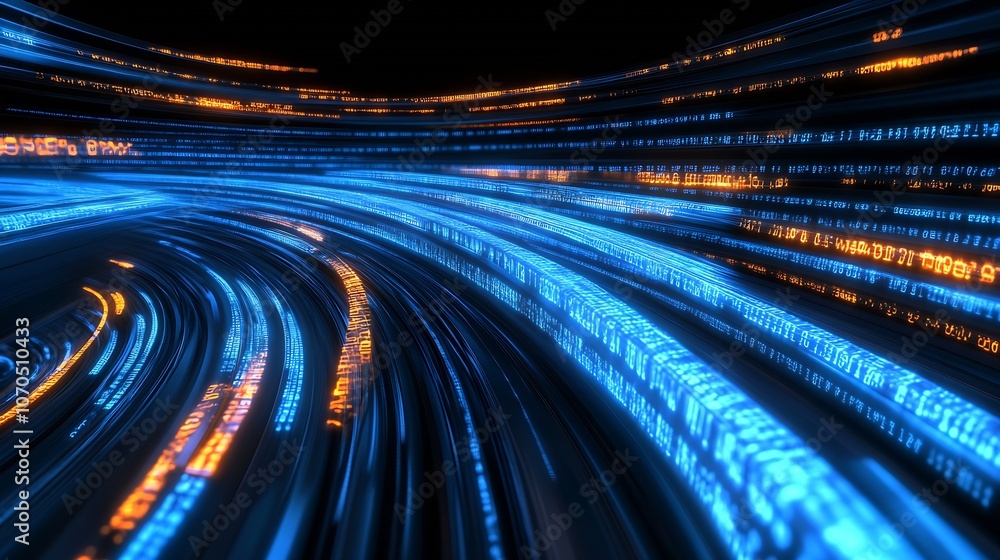 Aufkleber warp speed effect with blue and orange digital lines in motion : generative ai