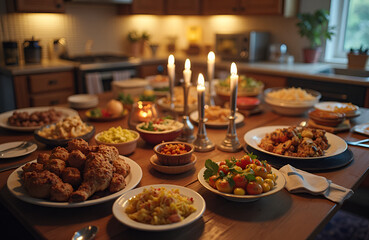 Obraz premium Traditional Hanukkah Feast with Menorah and Holiday Foods in Warm Setting