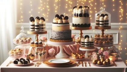 Fototapeta premium Elegant Dessert Table with Oreo-Themed Treats in Gold and Pastel Decor for Luxury Event