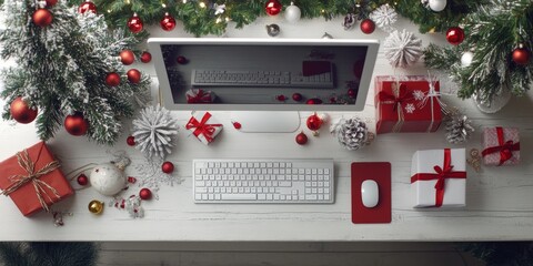 A festive office desk scene with a computer, decorations, and gifts.  There's a Christmas tree, baubles, a gift box, and a keyboard and mouse on a white wooden desk.
