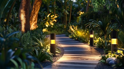 Obraz premium Solar-powered garden path lights enhancing outdoor spaces, showcasing eco-friendly illumination options for sustainable living and outdoor aesthetics