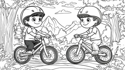 Fototapeta premium Two Children Wearing Helmets Ride Bikes on a Path Through a Forest With Mountains in the Distance Black and White Illustration