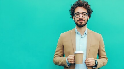 Smiling Man Holding Coffee Against a Turquoise Wall