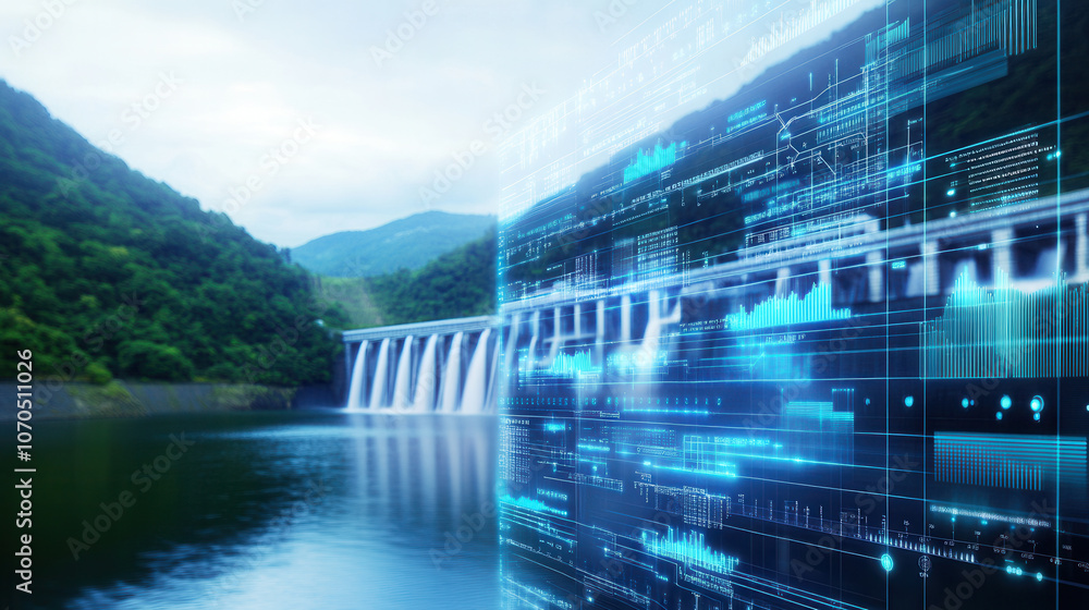 Poster serene lake with hydroelectric plant, showcasing digital data overlays and technology. tranquil land