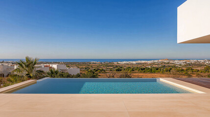 Fototapeta premium Elegant infinity pool overlooking a serene coastal landscape during a bright sunny day