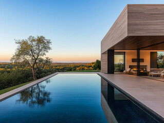 Fototapeta premium Relaxing evening at a modern villa with a scenic infinity pool overlooking the landscape