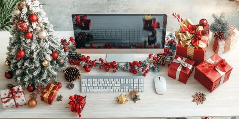 A festive office desk scene with a computer, decorations, and gifts.  There's a Christmas tree, baubles, a gift box, and a keyboard and mouse on a white wooden desk.