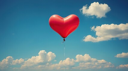 Fototapeta premium Against the vast blue, a vintage red heart balloon soars.