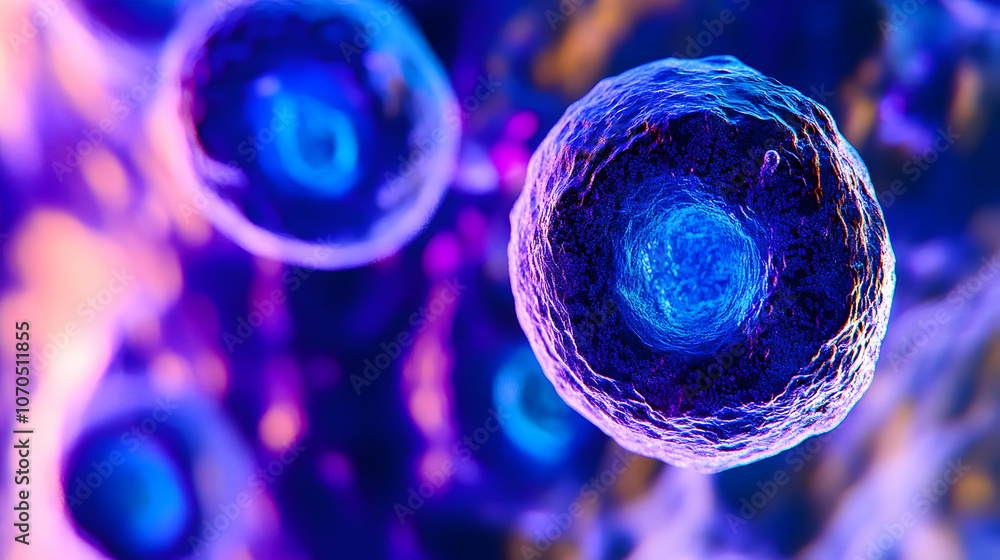 Poster a close-up view of a single cell with a bright blue nucleus, surrounded by other cells in blur, rend