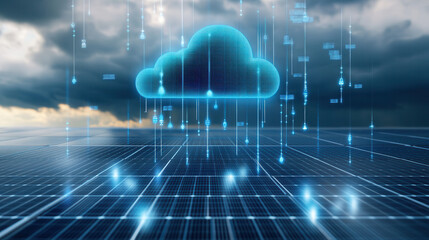 digital cloud hovering over solar farm, with data streams and cloudy sky. scene evokes sense of innovation and technology in renewable energy