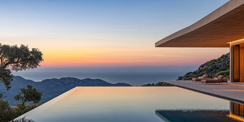 Luxury villa with infinity pool overlooking a serene sunset on the Mediterranean coast