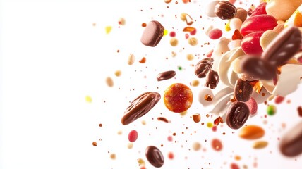 A bunch of colorful candy sweets and chocolate balls flying on white background