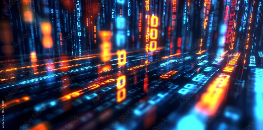 Poster Futuristic digital network in vibrant neon hues representing data flow in cyberspace : Generative AI