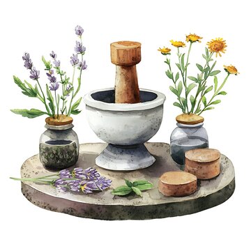 recommend clip art: Watercolor Illustration of a Mortar and Pestle with Herbs and Flowers.