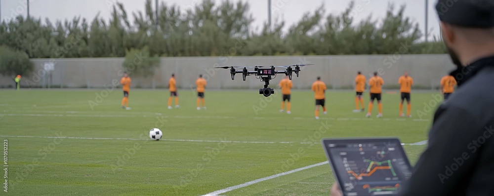 Poster advanced sports technology in action - ai-driven live analysis on a football field with drones camer