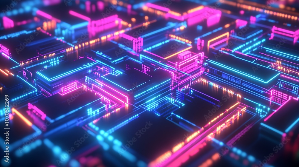 Poster vibrant neon circuit board pattern with futuristic glow and digital technology aesthetic : generativ