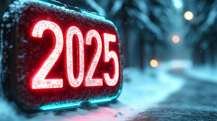 Neon countdown sign for the year 2025 illuminated amidst a snowy night in a quiet forest location