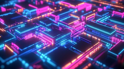 Vibrant neon circuit board pattern with futuristic glow and digital technology aesthetic : Generative AI