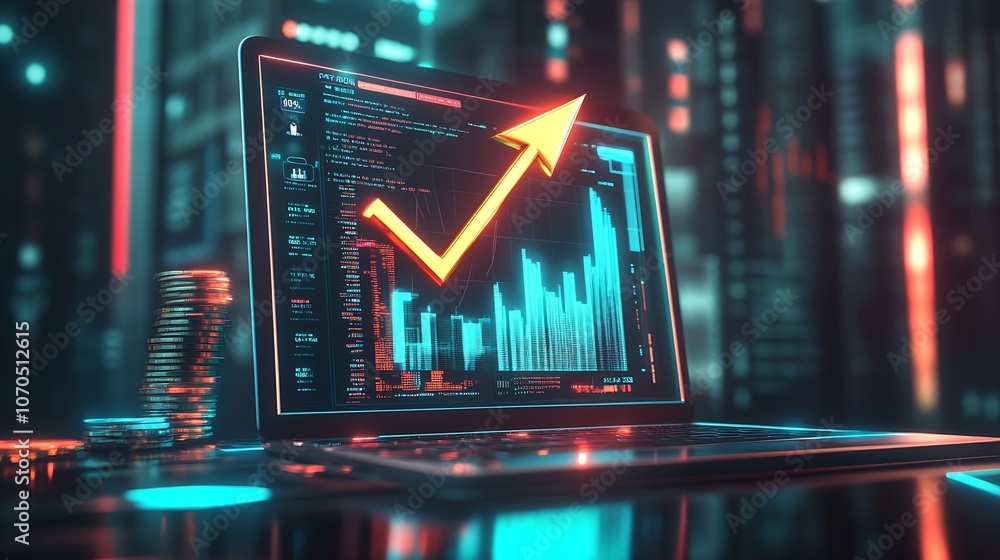 Poster advanced financial analysis displayed on laptop with upward trend arrow : generative ai