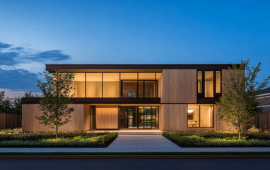 Obraz premium Modern residential house with wooden facade and expansive windows in evening light