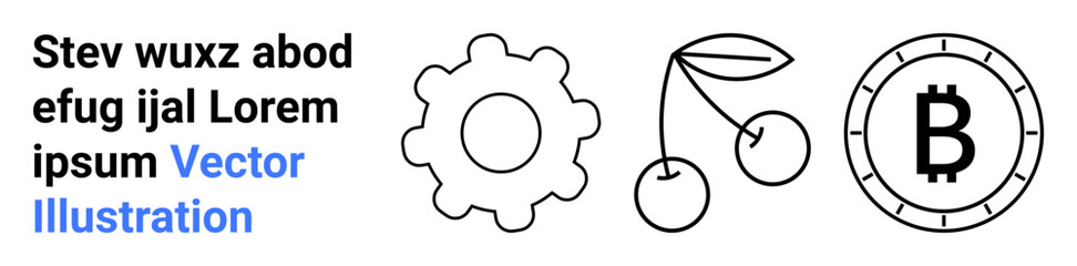 Gear, cherry, and Bitcoin symbol outlined in black next to placeholder text. Ideal for technology, cryptocurrency, fruit industry, finance, digital currency, mechanics, and graphic design. Landing