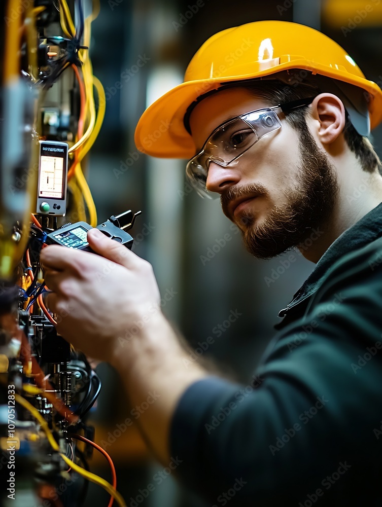 Poster Professional electrician measuring voltage with multimeter on control panel : Generative AI