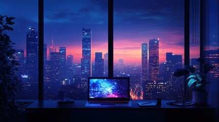 Night City Skyline: A mesmerizing vista of a futuristic cityscape unfolds through a window, bathed in the vibrant hues of a neon-lit night. A laptop, glowing with digital energy.