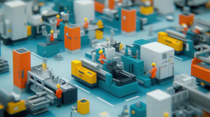 Fototapeta premium vibrant factory scene in axonometric perspective, showcasing workers operating machinery and equipment in well organized layout. colorful design highlights industrial environment
