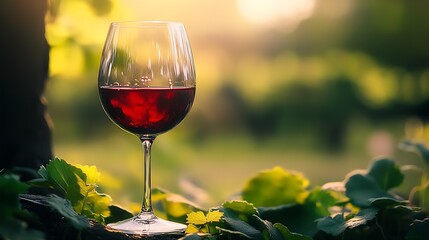 Elegant Wine Glass in Lush Vineyard Capturing Sunset Glow and Verdant Foliage Atmosphere : Generative AI