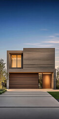 Modern architecture of a sleek house with a wooden garage door in a serene evening light