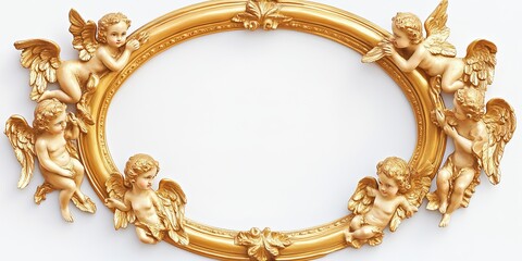 A golden oval picture frame decorated with angels, shown against a plain white background. You can easily cut out the frame from this image.