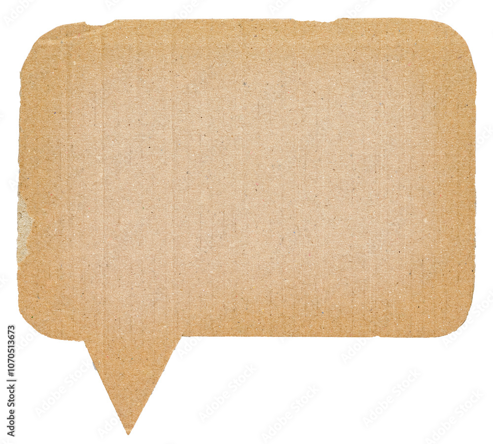 Poster blank cut out corrugated brown cardboard paper speech bubble with copy space for text on transparent