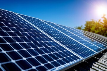Obraz premium Solar panels installed on a rooftop with blue sky and sunlight during the day