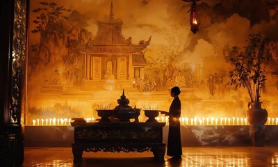 A person meditates in a dimly lit Buddhist temple, surrounded by incense smoke and vibrant murals. The warm ambiance captures a sense of peace and spiritual reflection in a sacred space. - Powered by Adobe