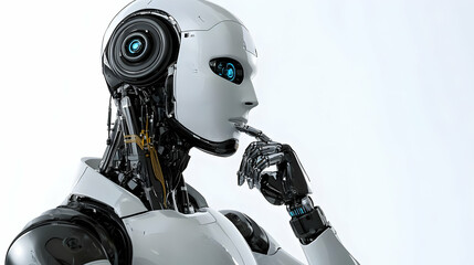 A White Robot with Black Mechanical Parts is Thinking with a Finger on its Lip Against a White Background
