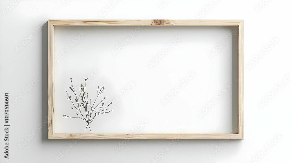 Aufkleber a simple wooden frame with delicate branches resting on a white background