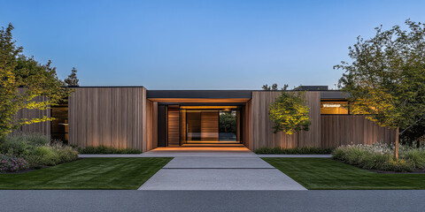 Fototapeta premium Modern architectural home design with wooden facade and landscaped garden at dusk