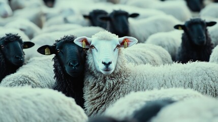 A big herd of white sheep with two black sheep among them