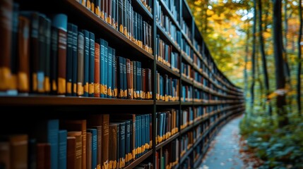 A serene library path surrounded by autumn foliage and books.