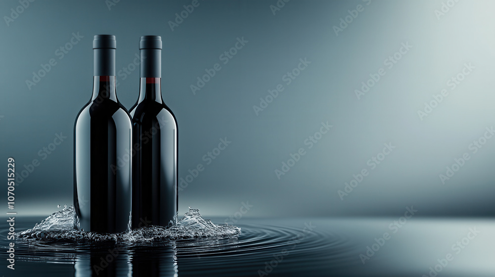 Poster high detail image of two wine bottles splashing in water, creating ripples. elegant design and dark 