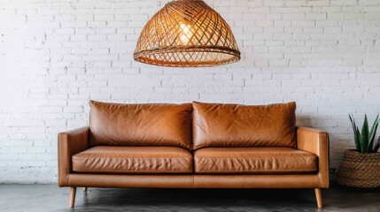 Contemporary Living Room Interior: Cognac Leather Sofa, Minimalist Decor, Abundant Natural Light,...