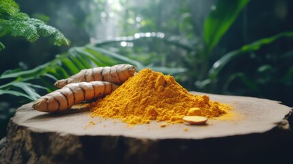 Fresh Turmeric Roots and Powder on Wooden Surface