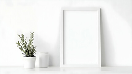 A Simple White Frame Leans Against a White Wall with a Small Potted Plant