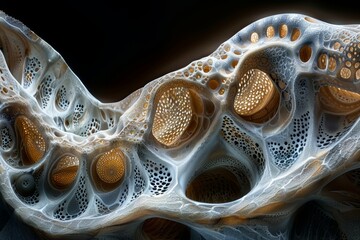 Obraz premium Intricate organic structures exhibit a mesmerizing interplay of light and texture, highlighting nature's complexity in a close-up view of a cellular formation