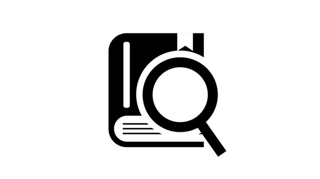 Find Information in Book and Search Knowledge in dictionary concept. Magnifying Glass animation over Book icon on white background. Discovery cognition