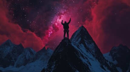 Fototapeta premium A climber reaching the apex of a mountain view from the back hand raised in victory minimalistic night sky with galaxy saturated color 