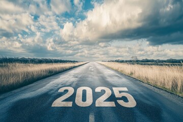 an empty road meeting the sky at the horizon with the text "2025" written on the road, New Year, driving or walking into the new year, Happy New Year