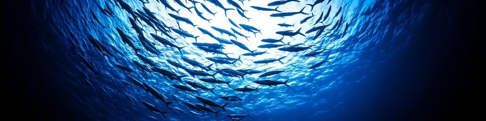 Tranquil Ocean Scene with a School of Fish Beneath the Surface Light : Generative AI