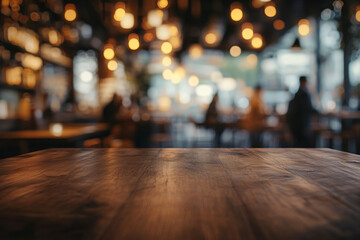 Fototapeta premium Empty wooden tabletop with a blurred background of coffee shop or restaurant. 