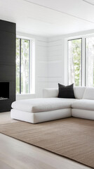 Fototapeta premium Cozy modern living room featuring a white sectional sofa and large windows overlooking nature